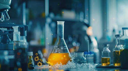 Poster - A lab with a beaker of yellow liquid on a table