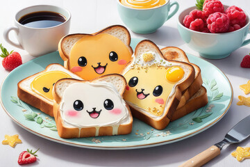 Cute toasts with kawaii faces, happy emotions in watercolor style.