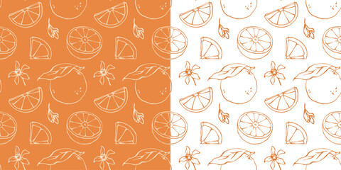 outline orange vector seamless pattern. hand drawn ink line sketch style citrus fruits and blossoms 