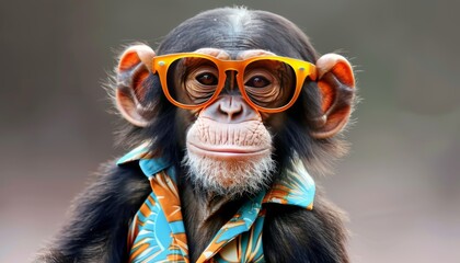 fashion forward chimpanzee donning vibrant hawaiian shirt and trendy orange sunglasses
