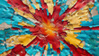 A kaleidoscope of ruby red, ocean blue, and sunflower yellow converging to create an electrifying burst of energy on a weathered surface of textured paint.
