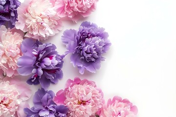 Wall Mural - Pink and purple peony flowers from a bird's-eye view on a plain white background. Concept Bird's-eye View, Pink and Purple Peonies, Floral Photography, White Background, Botanical Art