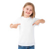 © Ievgen Skrypko - Little kid girl pointing on a blank white t-shirt isolated on white background