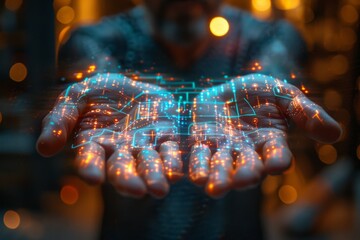 Poster - The image captures hands holding a vibrant, graphical representation of futuristic digital technology