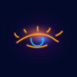 Fashion eye neon sign. Night bright signboard, Glowing light. Summer logo, emblem for Club or bar concept