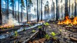 Forest Fire: A blaze ignites amidst the lush greenery of a woodland, autumn leaves scattered on the ground, painting a vivid picture of nature's fury