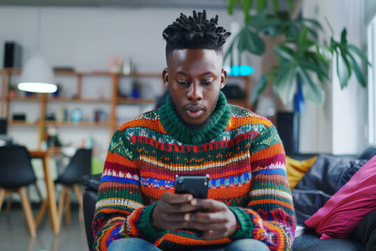A male African American freelancer, clad in a vibrant sweater, busy using his smartphone in the office.