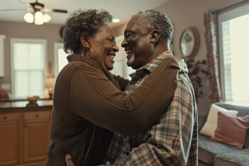 Wall Mural - Two smiling African American retirees, a man and a woman, share a joyful dance in their living room, basking in the warmth of their love and the bliss of spending cherished moments together