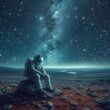 An astronaut sits on a rock on Mars and ponders the beauty of the stars and the vastness of the universe, contemplating the mysteries of life