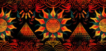 Bold Aztec Sun Pattern In Red And Gold, Offering A Striking Visual With Contemporary And Mystical Elements.