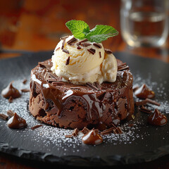 Wall Mural - Mini chocolate or fondant cake with ice cream topped with chocolate icing and mint leaf. Hot chocolate pudding with vanilla ice cream scoop.	
