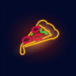 Fashion slice of pizza, neon sign. Night bright signboard, Glowing light. Summer logo, emblem for Club or bar concept