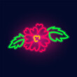 Fashion flower tattoo, neon sign. Night bright signboard, Glowing light. Summer logo, emblem for Club or bar concept