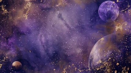 Wall Mural - mystical purple nebula space background with glittering stars and planets