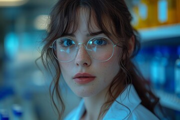 Poster - Portrait of a young woman with glasses in a science lab setting, showcasing intellect