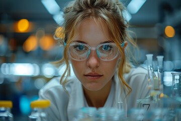 Poster - A female scientist intently observes through glass containers in a laboratory environment
