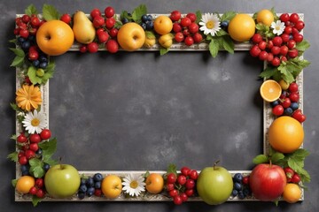 Wall Mural - Wooden frame with fruits on a pastel background. Greeting card template for wedding, mothers or woman day. Springtime composition with copy space.