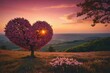 Pink heart shaped tree at sunset, beautiful landscape with flowers