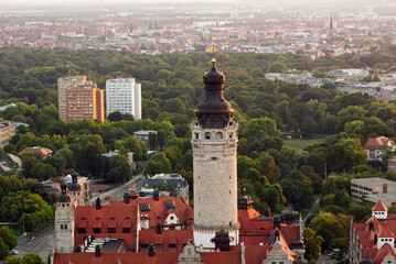 Wall Mural - Aerial view of Leipzig with the spire of the 'Neue Rathaus', Saxony, Germany at sunset