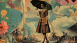 A girl with an umbrella walks through the city , vintage style