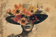abstract portrait of a girl in a hat with flowers , vintage style