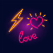 Fashion symbols, heart, lightning neon sign. Night bright signboard, Glowing light. Summer logo, emblem for Club or bar concept