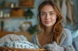 © Larisa AI - A smiling young woman clutching a cozy sweater offers a sense of comfort and domestic bliss