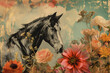 Black horse in flowers against the sky, vintage style