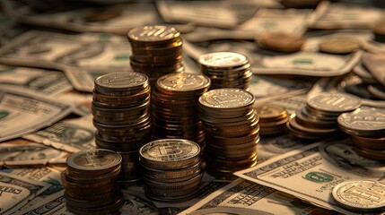 Poster - A pile of coins and bills, including a few quarters and dimes, sit on a table