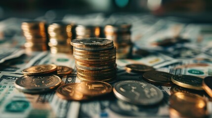 Poster - A pile of coins and bills on a table