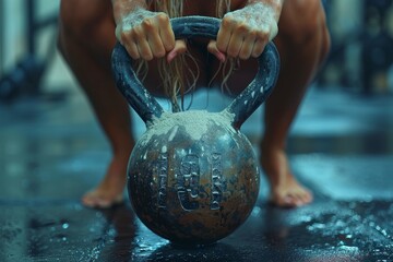 Wall Mural - Intense close-up shot of a person's hands gripping a wet kettlebell, implying a gritty, strenuous workout