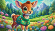 oil painting style A CUTE CARTOON CHARACTER of a baby deer grazing in a meadow 
