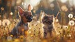 A puppy Chihuahua and a kitten standing together on a grass field with flowers