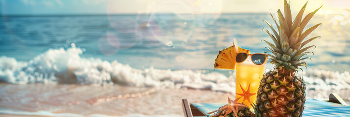 Pineapple cocktail on the beach with sea and blue sky background