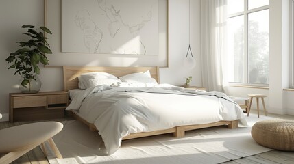 Wall Mural - Scandinavian Bedroom Light wood, white linens, and minimal decor. Cozy and clutter-free.