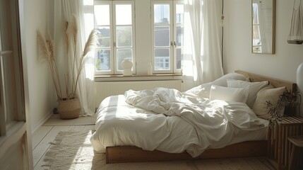 Wall Mural - Scandinavian Bedroom Light wood, white linens, and minimal decor. Cozy and clutter-free.