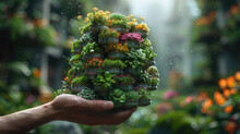 A Hand Holding A Small, Overgrown, Green, Flowering Plant