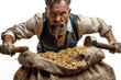 A portrait of a greedy man with a sack full of gold coins.