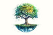 Tree on a floating Earth, a reminder of nature’s delicate balance, Earth day concept.