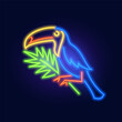 Fashion neon sign. toucan bird on a branch. Night bright signboard, Glowing light. Summer logo, emblem for Club or bar concept