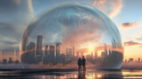 City skyline inside a giant bubble with a couple of real estate buyers anxiously watching from outside