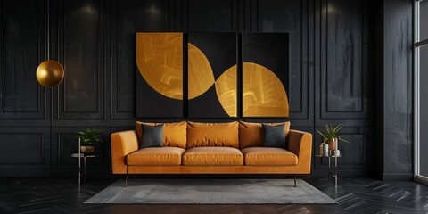 Triptych featuring abstract luxury with sophisticated black and gold shapes for a refined decor