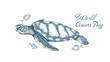 A detailed sketch of a sea turtle surrounded by small fish, in celebration of World Oceans Day.