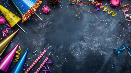 Wall Mural - Festive party background featuring an array of colorful decorations on a dark textured surface.