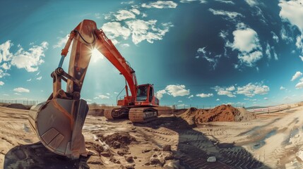 Wall Mural - A large red excavator in a sunny construction site with a vivid blue sky and clouds.