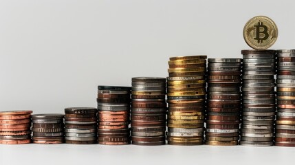 Poster - A stack of coins with a Bitcoin coin on top