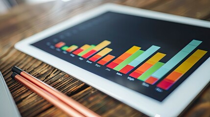 Poster - A tablet with a graph on it and a pair of red pens on a wooden table