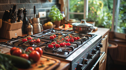 A stylish kitchen with modern appliances and cooking utensils.