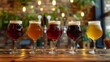 A variety of craft beers in different glasses lined up on a wooden bar top, with a cozy, warmly lit background.