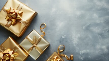 Wall Mural - Elegant golden gift boxes with shiny ribbons on a textured grey background.